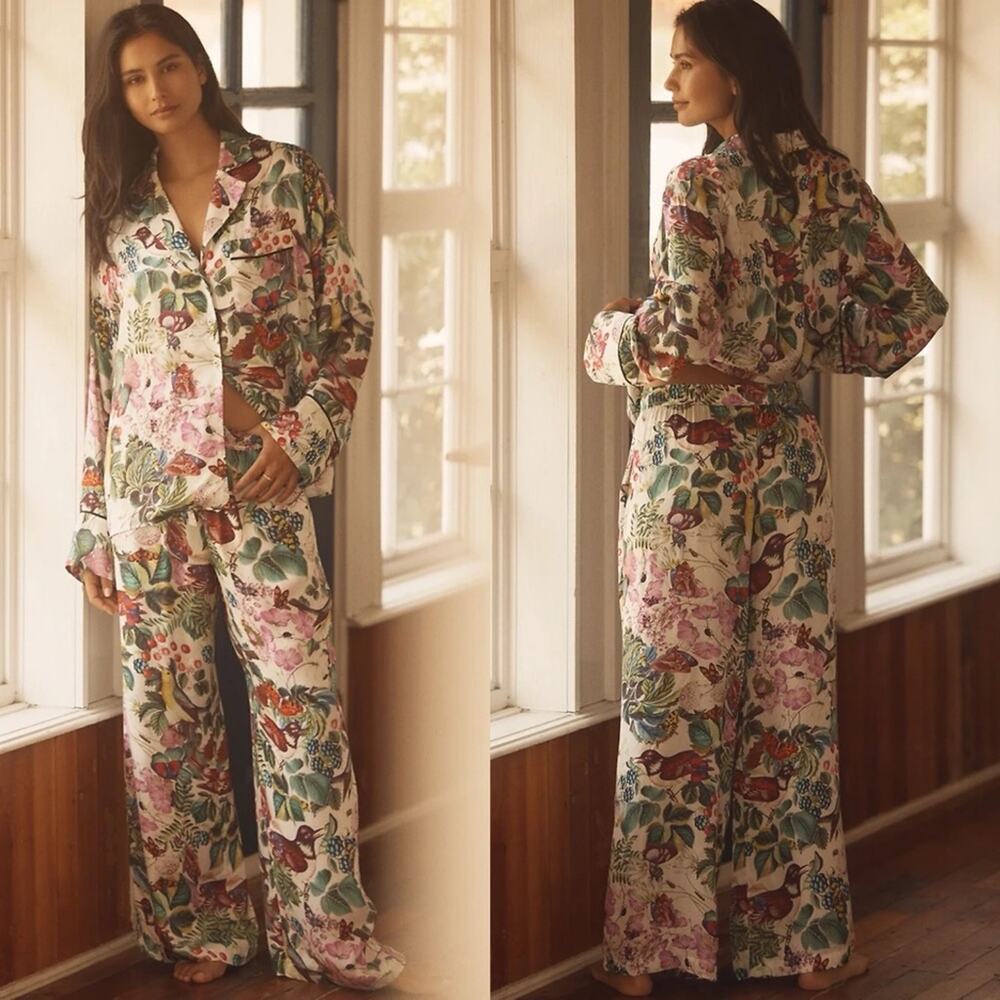 2 pc set Lyrebird Anthropologie Silky Pyjama Top and Bottoms Burcu Korkmazyurek - Picture 2 of 8
